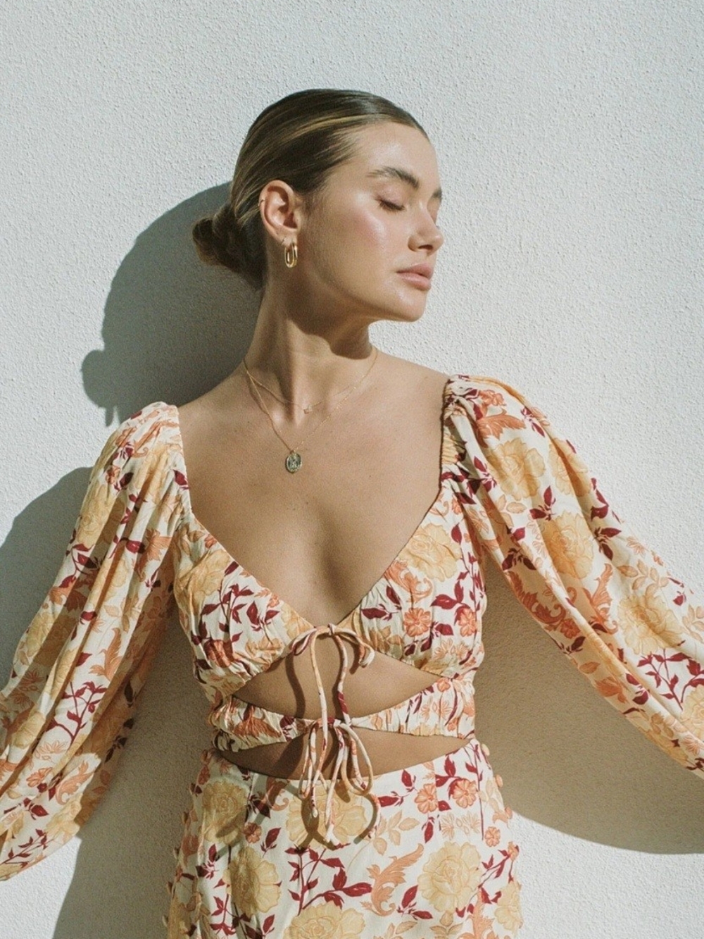 Floral Tie-Front Long-Sleeve Mini Dress - Yellow Floral - Picture 2 of 6